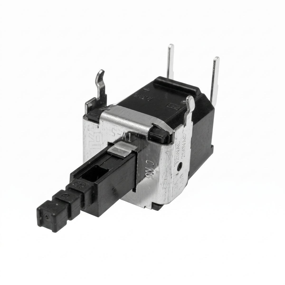 A black and silver electronic push-button switch with a three-pin connector and two vertical metal pins, shown on a plain white background.