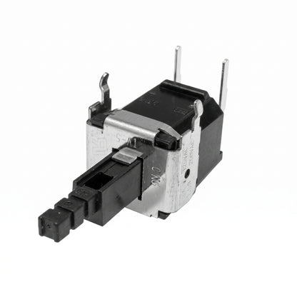 A black and silver electronic push-button switch with a three-pin connector and two vertical metal pins, shown on a plain white background.