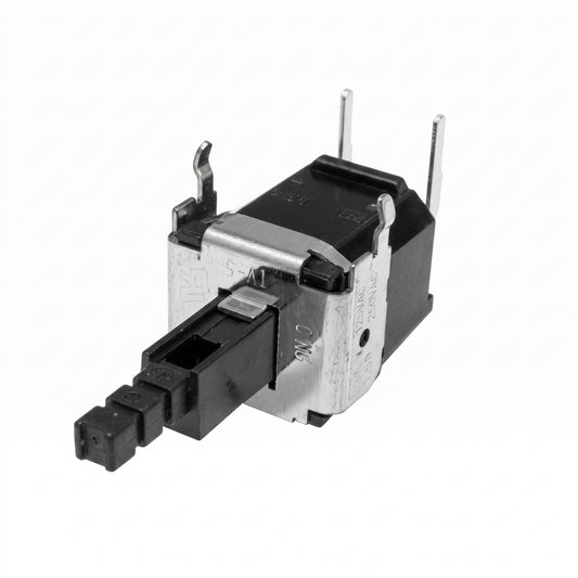 A black and silver electronic push-button switch with a three-pin connector and two vertical metal pins, shown on a plain white background.