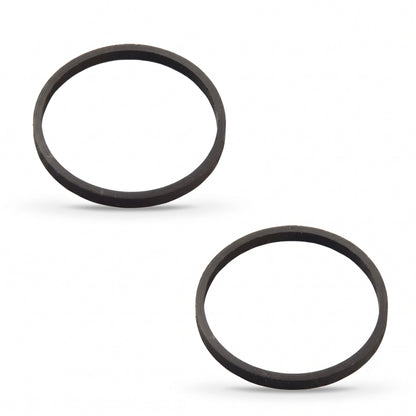 Two black circular rubber belts on a plain white background.