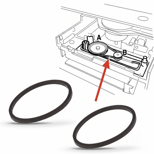 Two black circular rubber belts are shown on a white background, with a line drawing above indicating their use in a machine component and a red arrow pointing to the belt area.