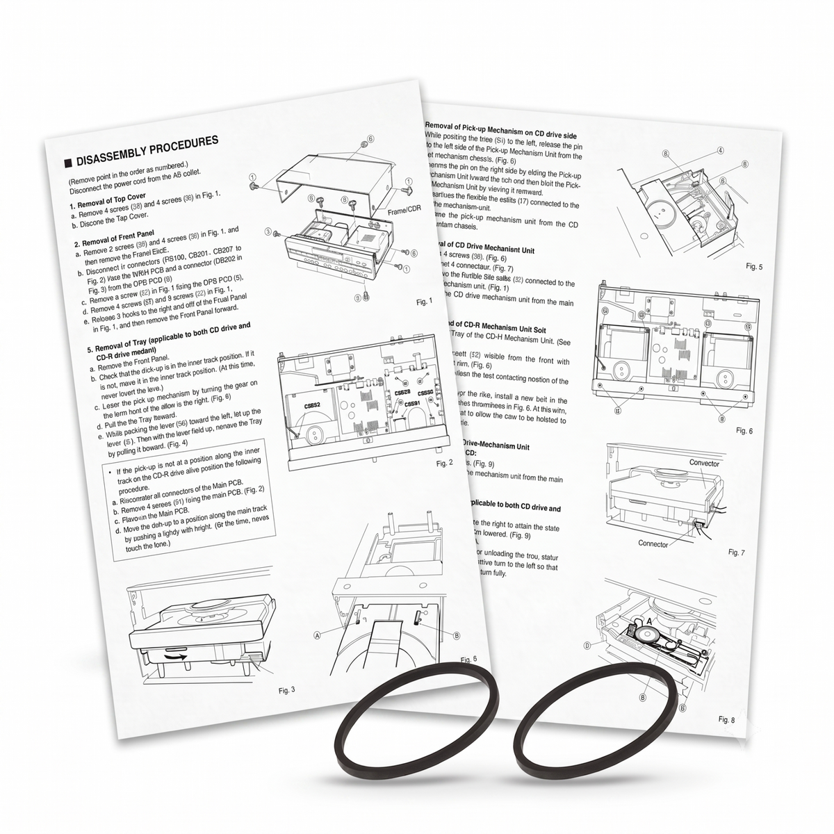 Instruction manual pages showing disassembly procedures with line drawings and two black rubber belts placed in front on a white background.