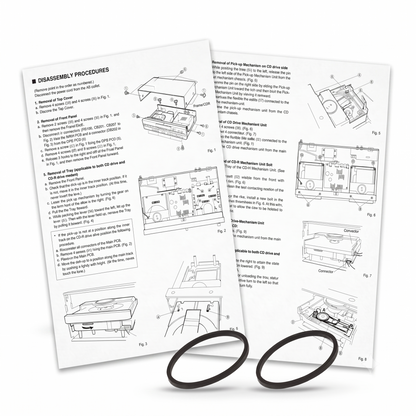 Instruction manual pages showing disassembly procedures with line drawings and two black rubber belts placed in front on a white background.