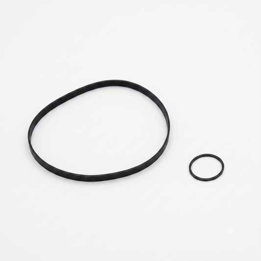 A black-and-white photograph shows a pair of black rubber belts from a Yamaha KX-650/KX-930 belt kit, isolated against a plain white background.

On the left is a large, thin, flat rubber drive belt forming a loose, asymmetrical oval shape. On the right sits a much smaller, thick, circular rubber belt or O-ring. Both items are viewed from a high angle, casting subtle shadows onto the surface beneath them.