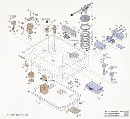 An exploded schematic diagram showing the component breakdown of a Yamaha GT-5000 turntable against an off-white background. The main chassis is drawn with dashed lines, surrounded by numbered solid-line callouts for parts like the tonearm assembly, platter rings, motor housings, circuit boards, and the bottom base plate. A colour-coded legend in the bottom right categorises components into main chassis, controls, and power sections, with a "sparedparts.com" watermark.