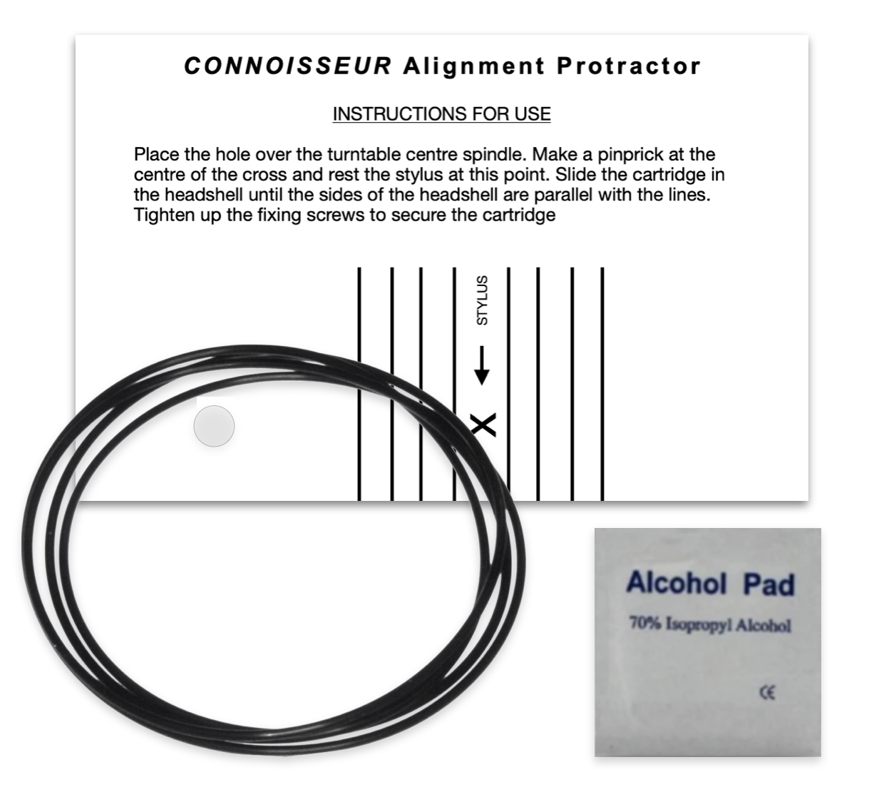 The Connoisseur BD1 - BD2 Turntable Drive Belt + Cartridge Alignment Protractor