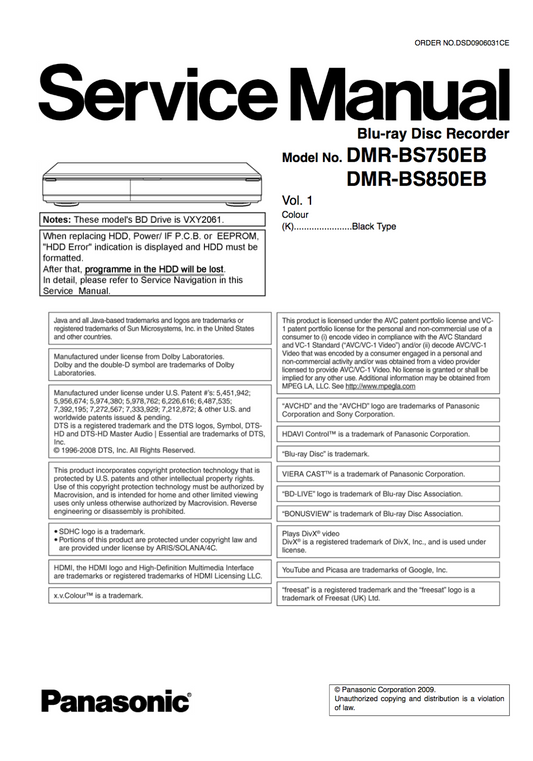 Panasonic DMRBS750EB DMRBS850EB Service Manual