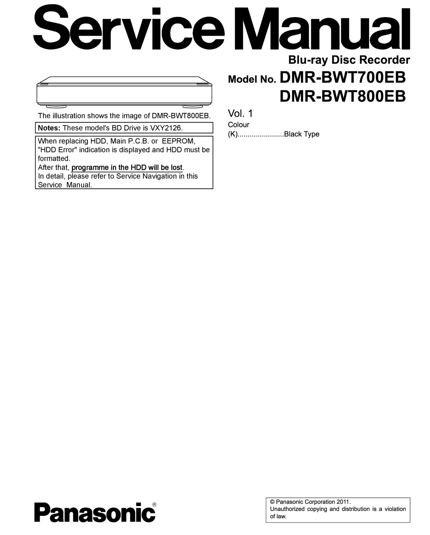 Panasonic DMR-BWT700EB DMR-BWT800EB Service Manual