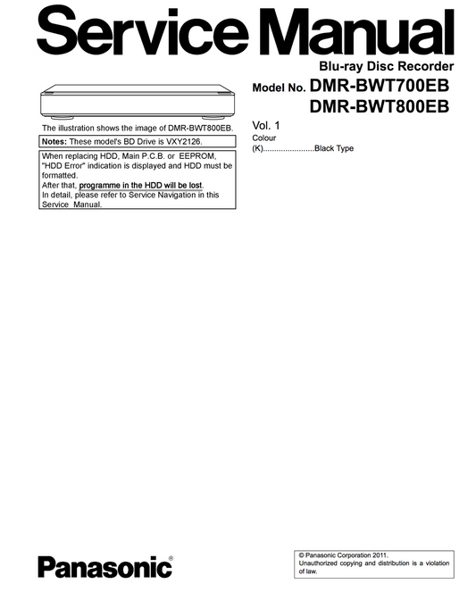 Panasonic DMR-BWT700EB DMR-BWT800EB Service Manual