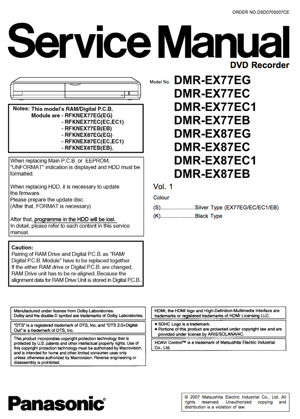 Panasonic DMR-EX77 DMR-EX87 Service Manual