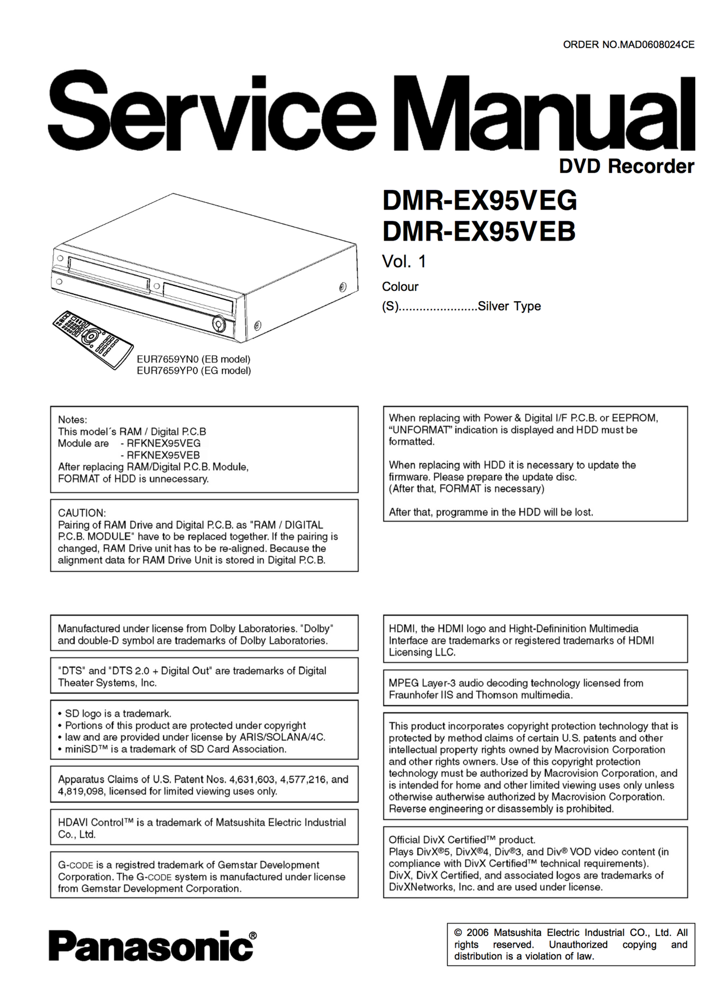 Panasonic DMR-EX95VEB DMR-EX95VEG Service Manual