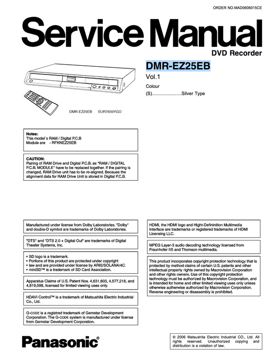 Panasonic DMR-EZ25EB Service Manual