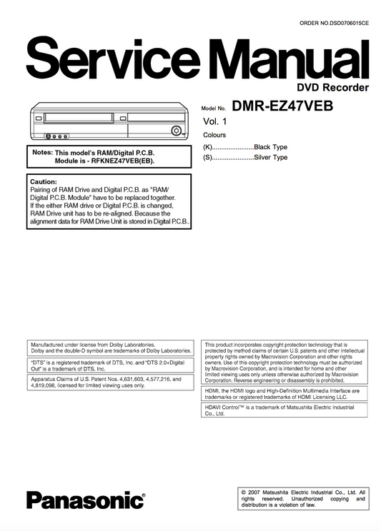 Panasonic DMR-EZ47VEB Service Manual