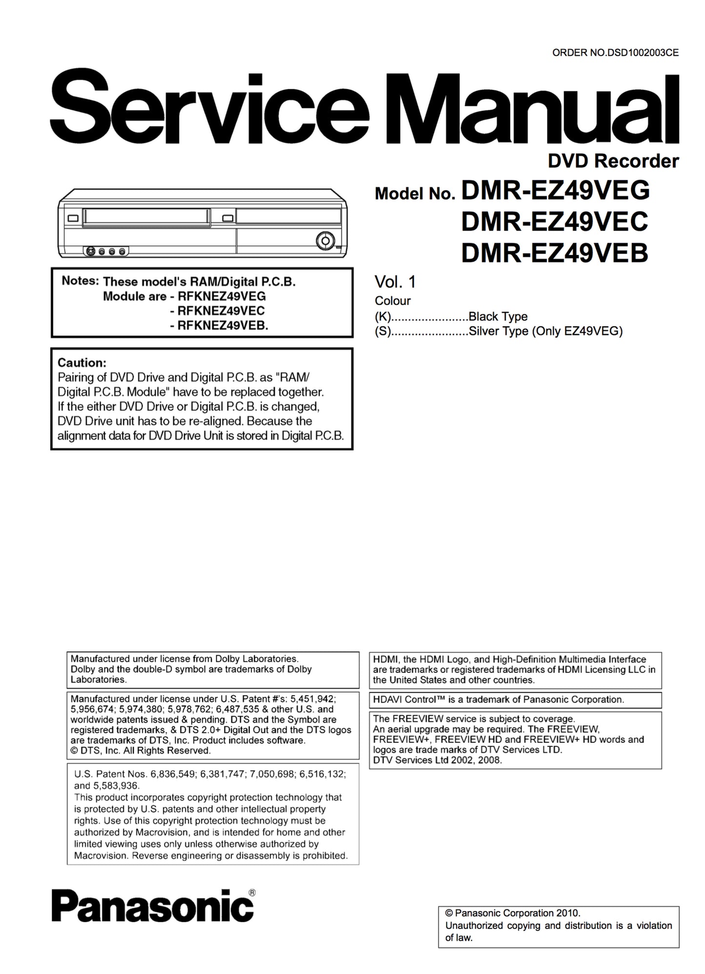 Panasonic DMR-EZ49VEB/VEC/VEG Service Manual Complete