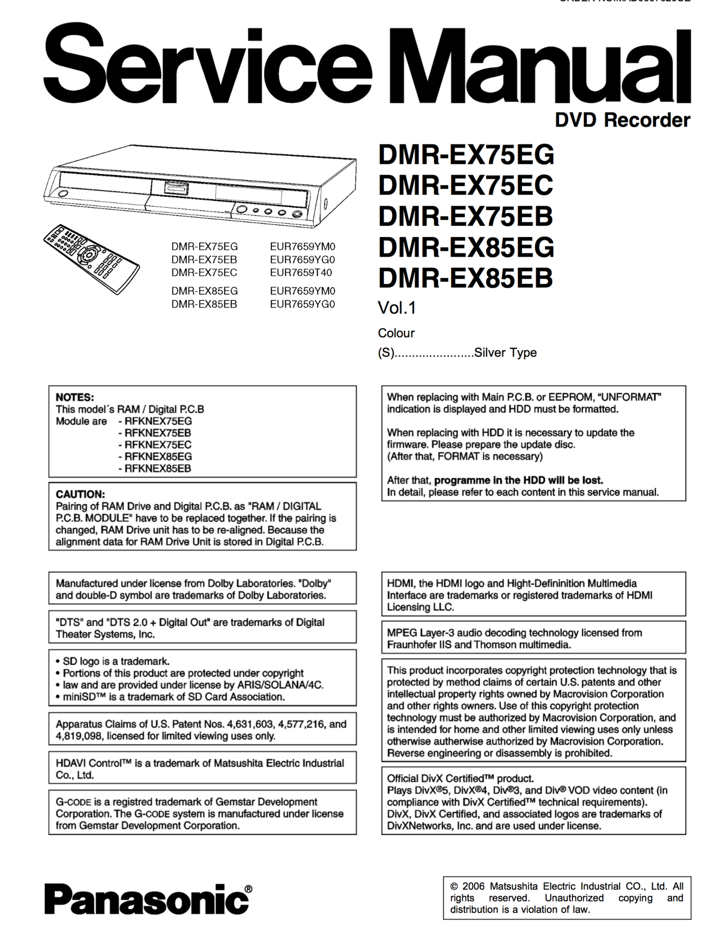 Panasonic DMR-EX75 Service Manual Complete