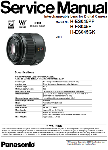 Panasonic H-ES045 Service Manual Complete