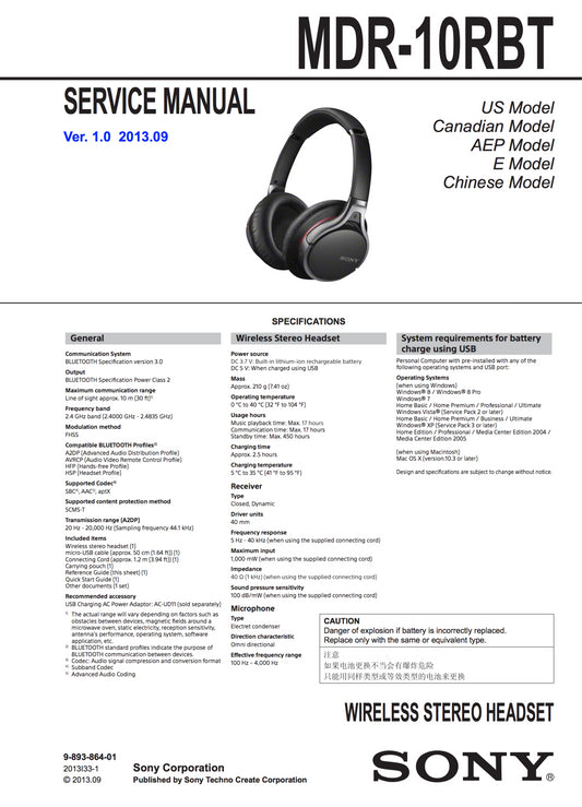 Sony MDR-10RBT Service Manual Complete