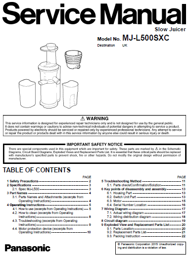 Panasonic MJ-L500SXC Service Manual Complete