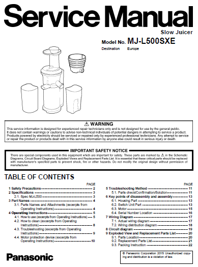 Panasonic MJ-L500SXE Service Manual Complete