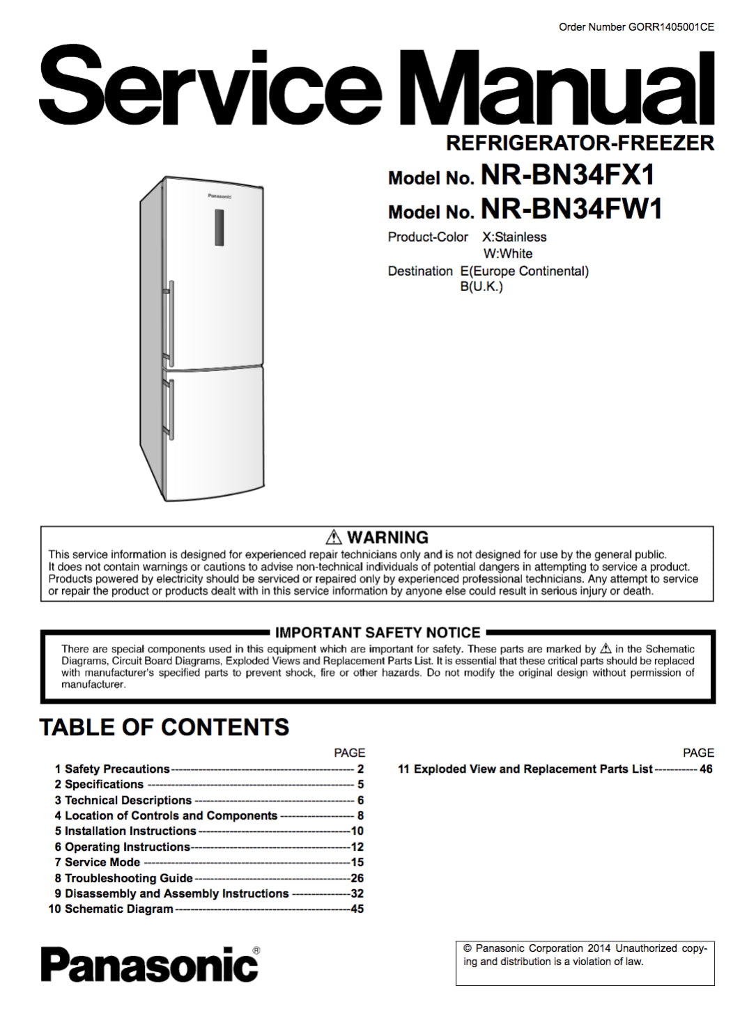 Panasonic NR-BN34FX1 NR-BN34FW1 Service Manual Complete