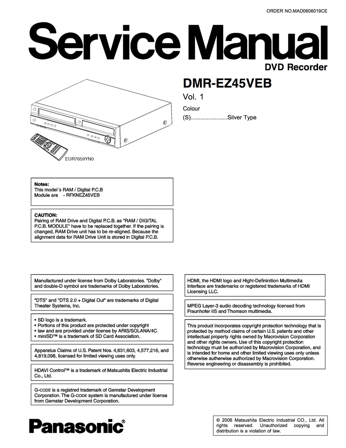 Panasonic DMR-EZ45VEB Service Manual Complete
