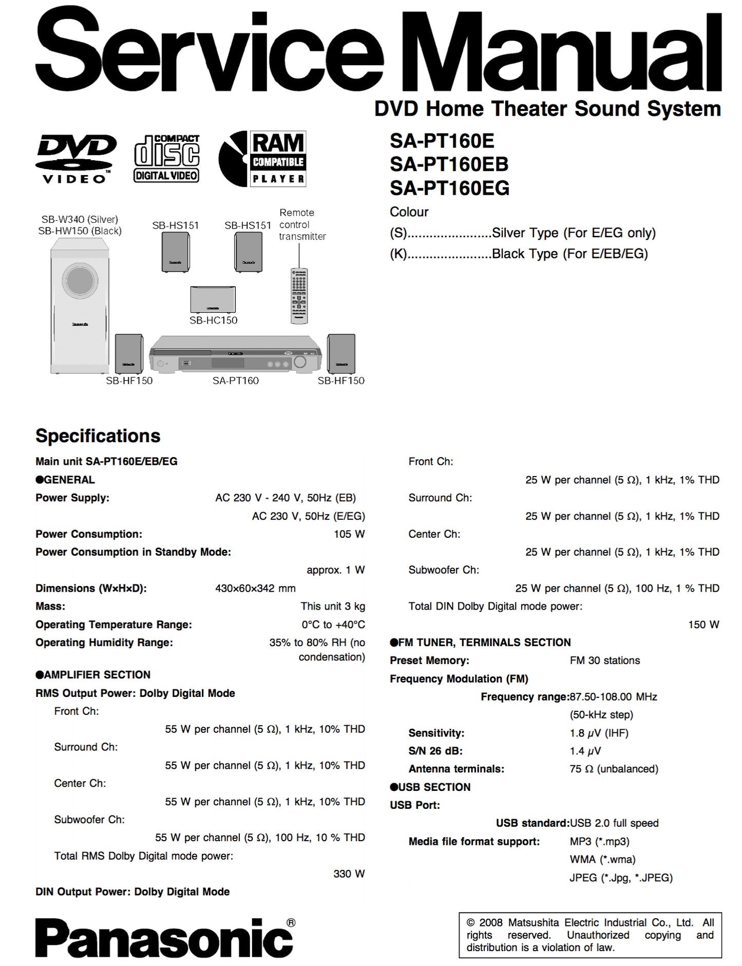 Panasonic SA-PT160 Service Manual