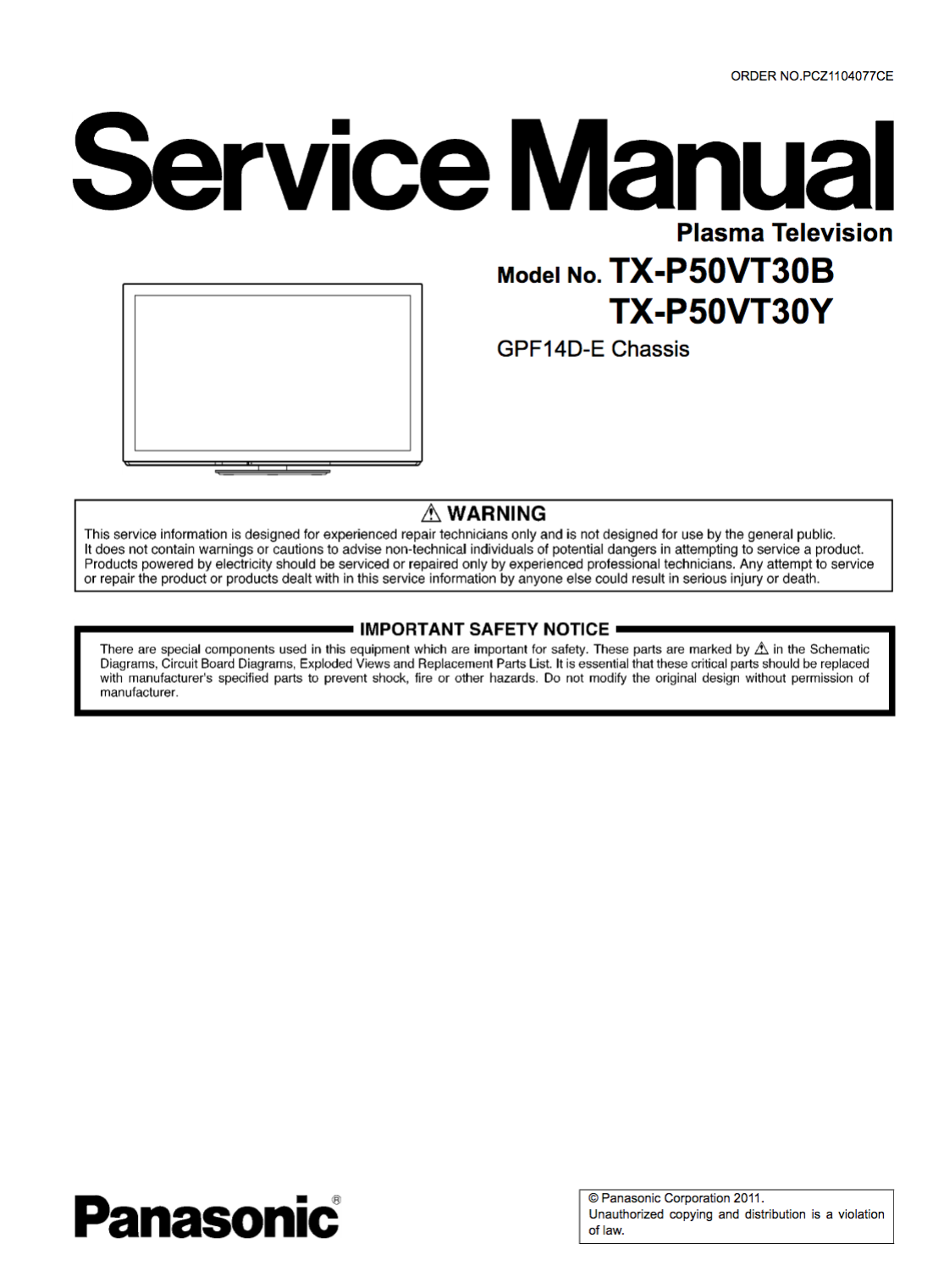 Panasonic TX-P50VT30B/Y Service Manual