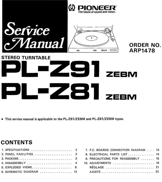 Pioneer PL-Z81 PL-Z91 Service Manual
