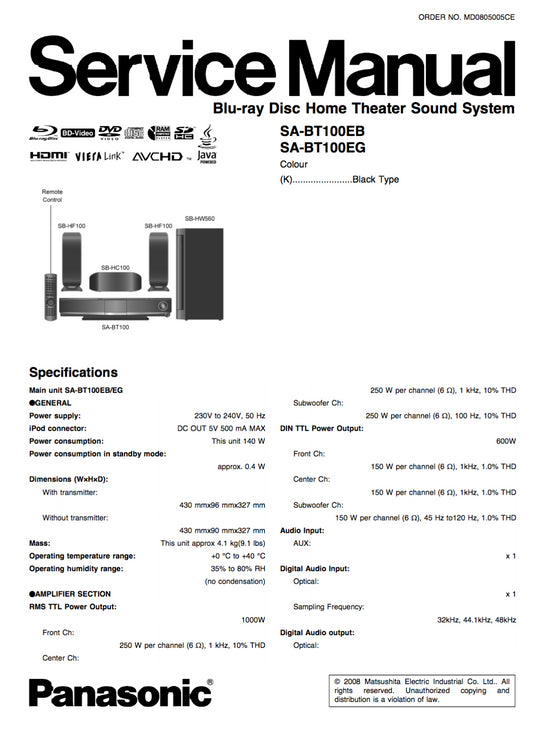 Panasonic SA-BT100EB SA-BT100EG Service Manual