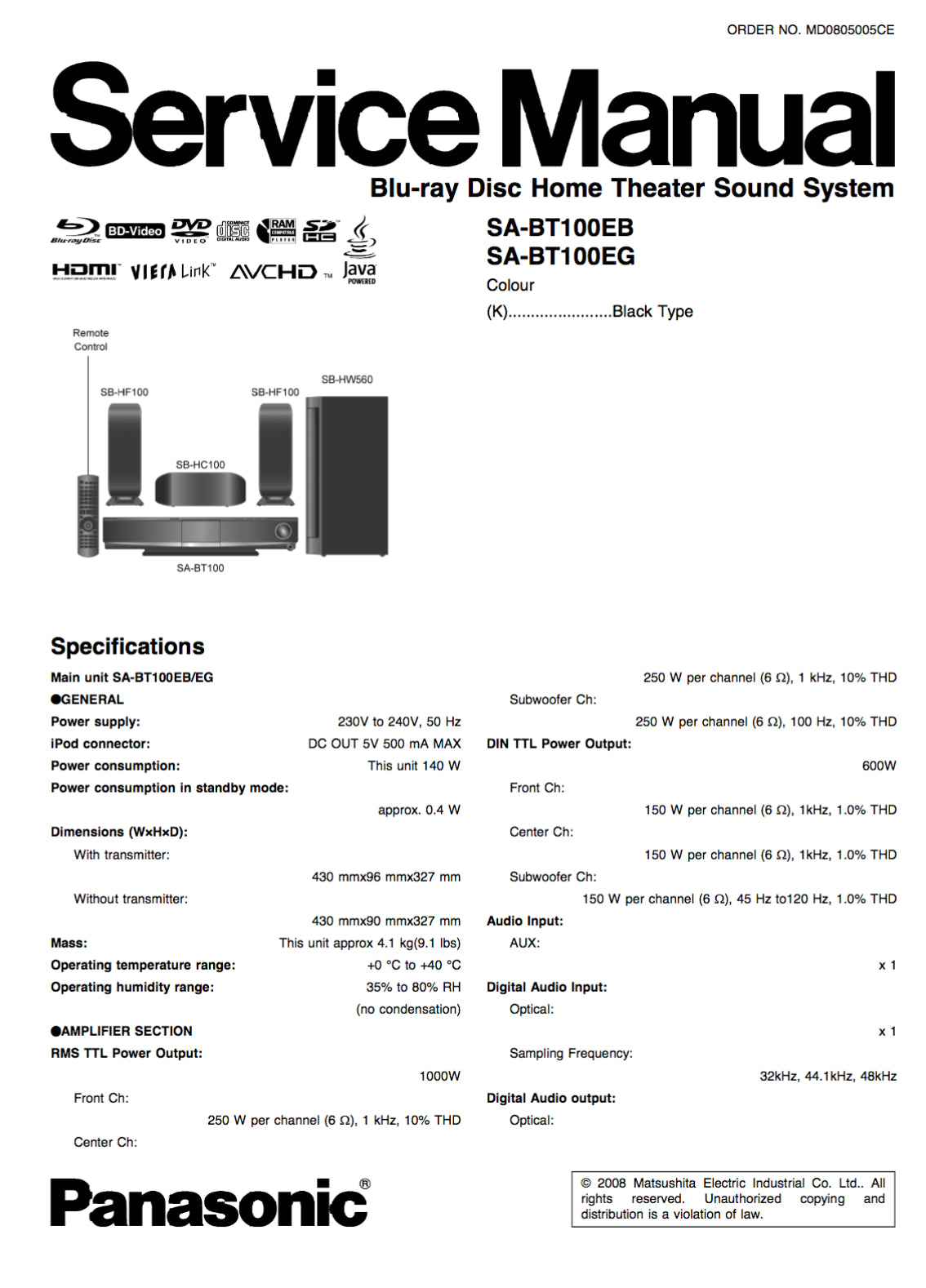Panasonic SA-BT100EB SA-BT100EG Service Manual