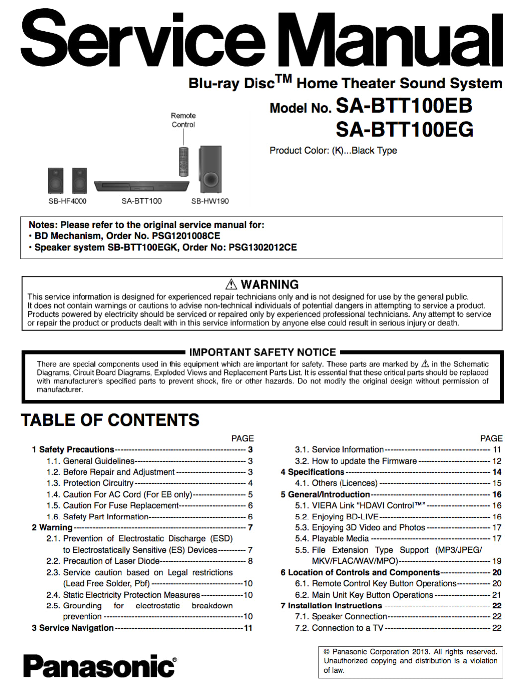 Panasonic SA-BTT100 Service Manual