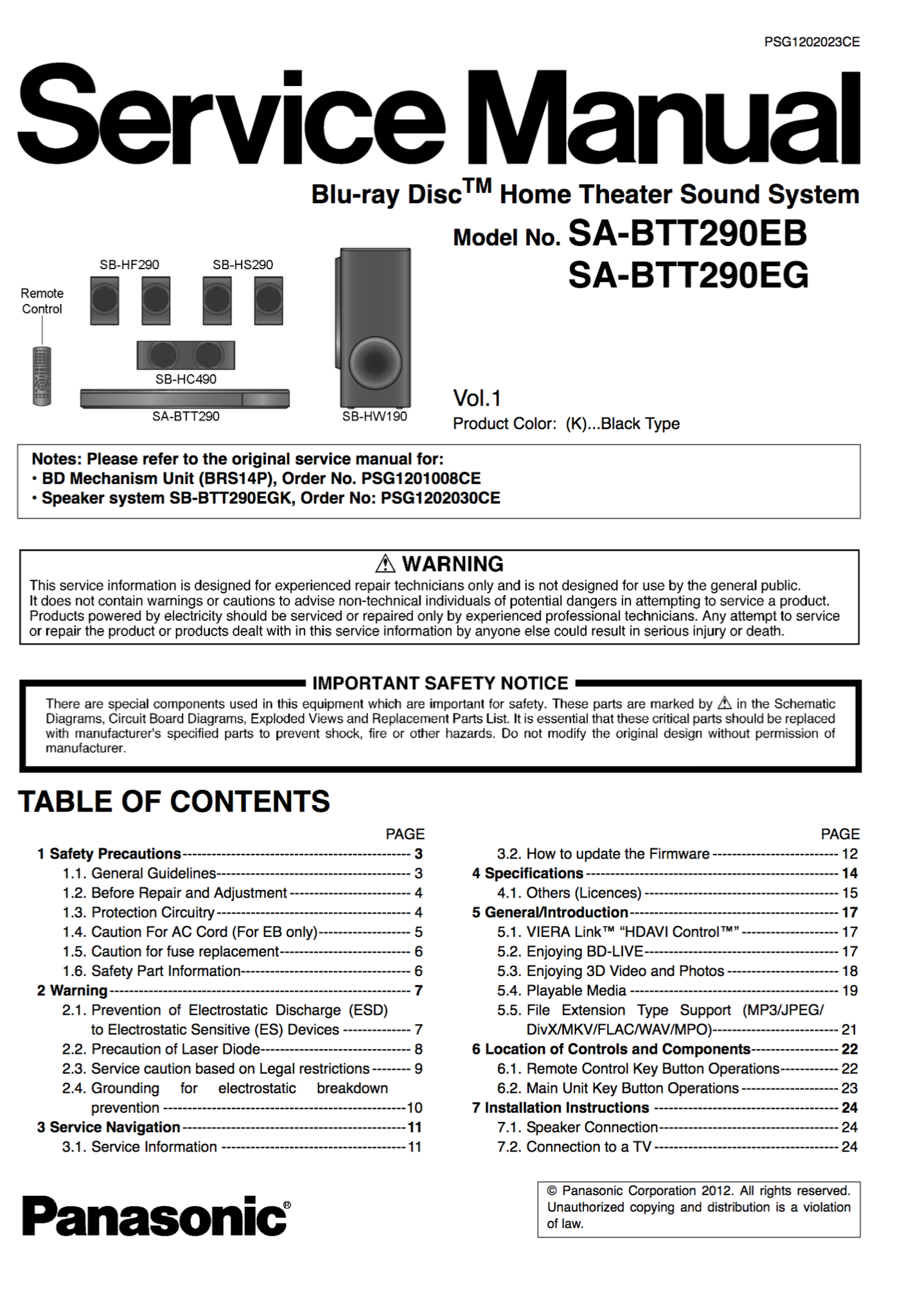 Panasonic SA-BTT290 Service Manual