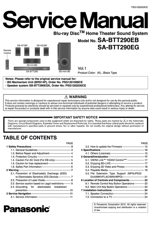 Panasonic SA-BTT290 Service Manual