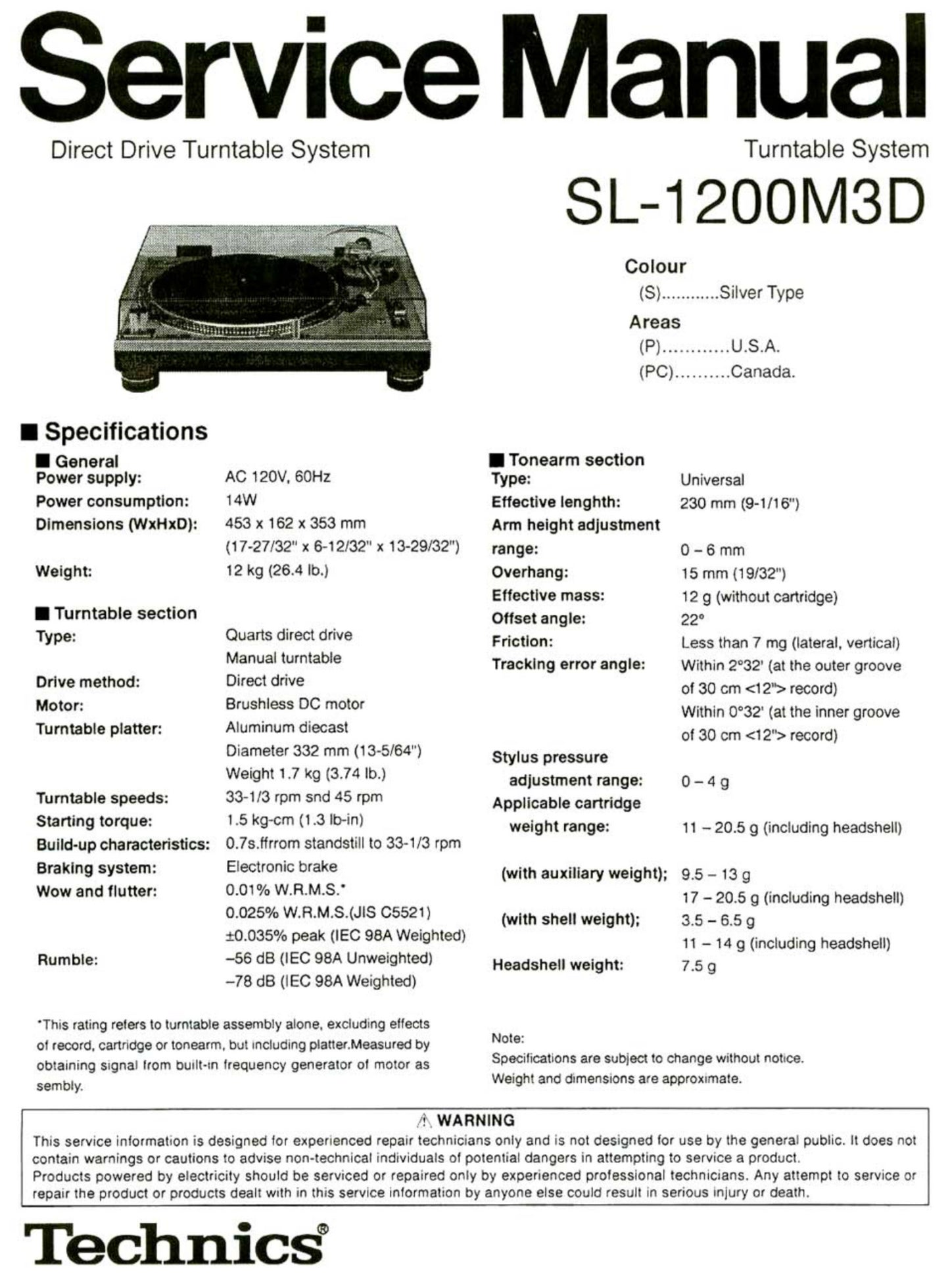 Technics SL-1200M3D Service Manual
