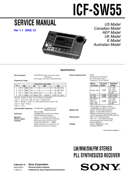 SONY ICF-SW55 Service Manual Complete
