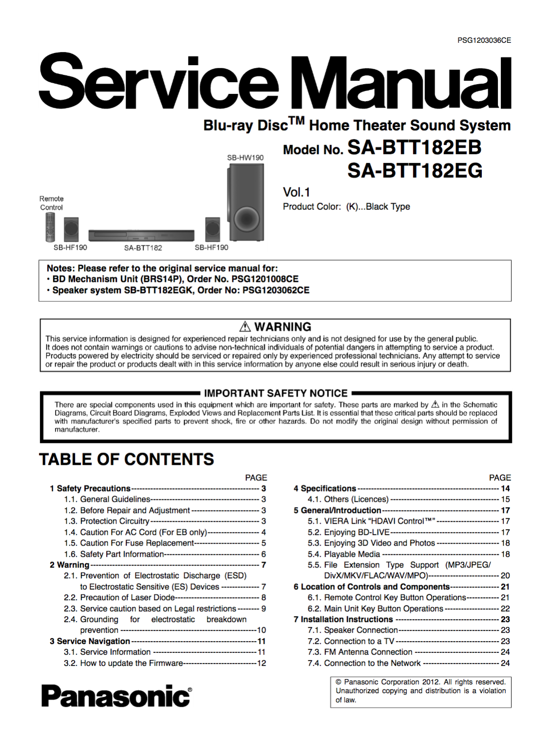 Panasonic SA-BTT182EB/EG Service Manual