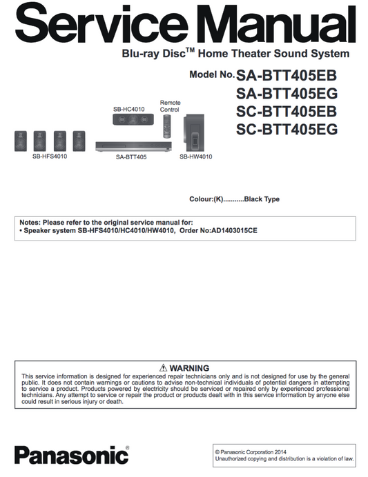 Panasonic SA-BTT405EB SA-BTT405EG Service Manual Complete