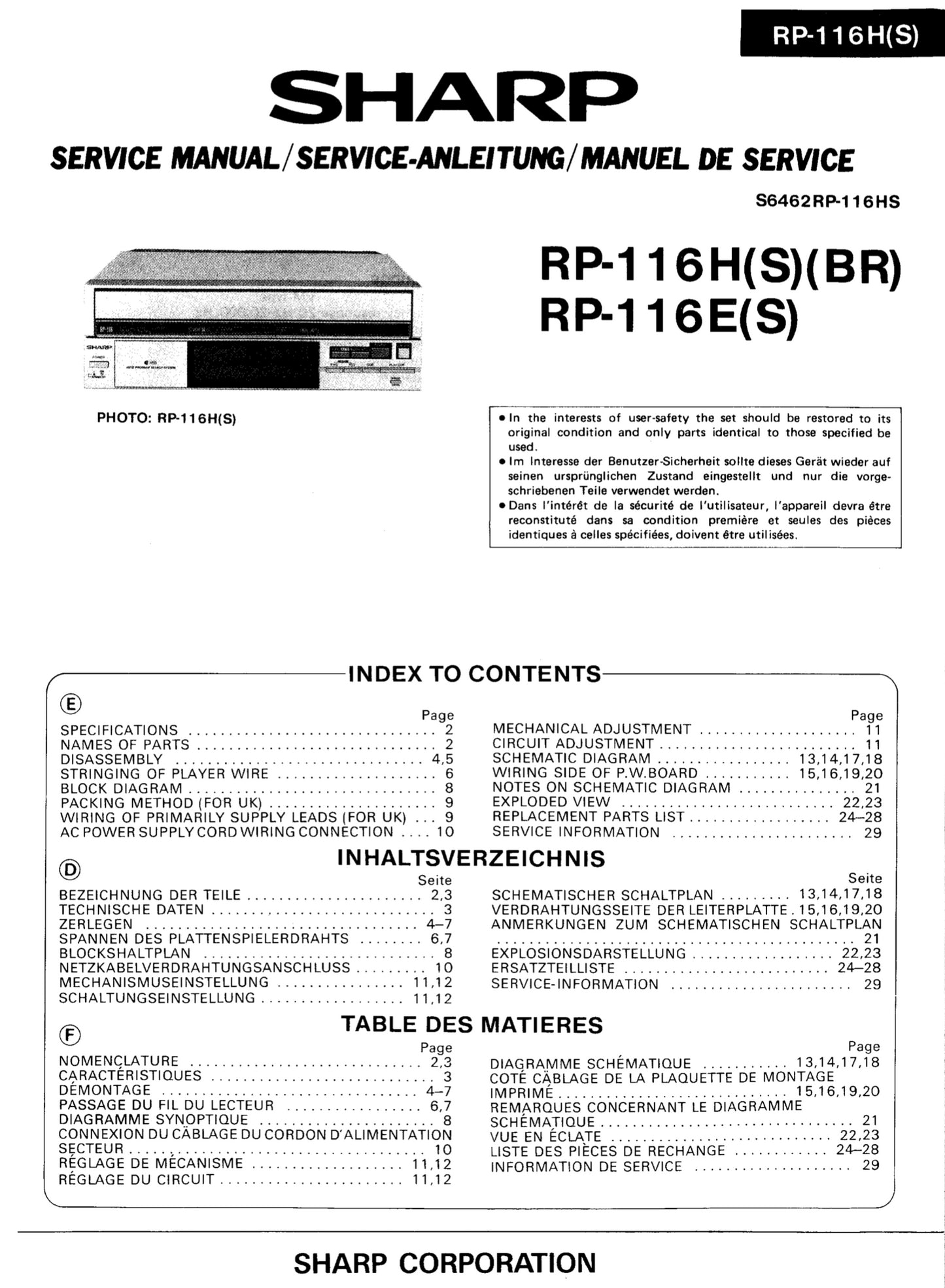 Sharp RP-116E RP-116H Service Manual Complete