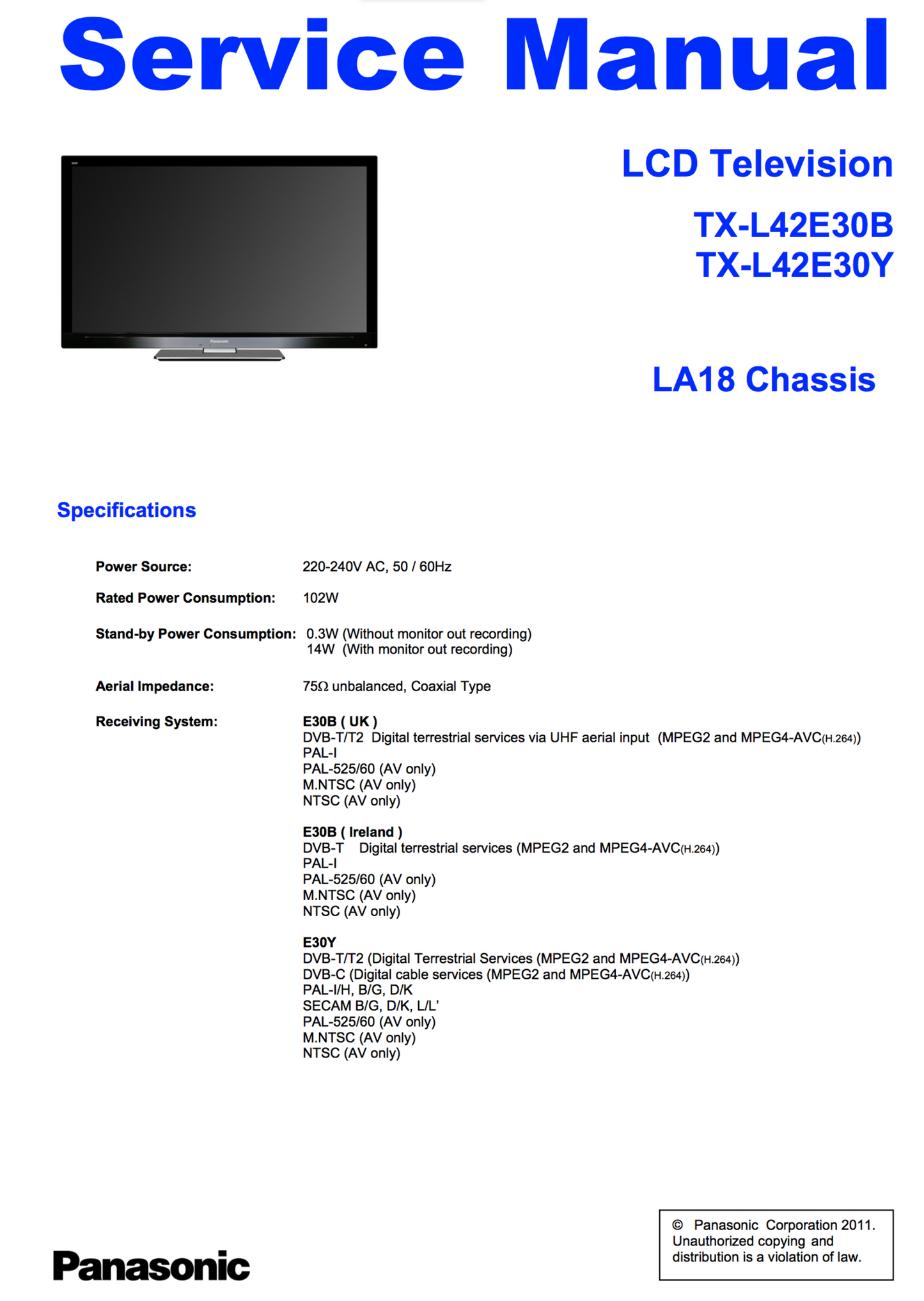 PanasonicTX-L42E30B TX-L42E30Y Service Manual