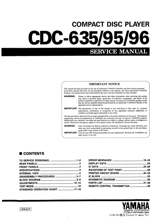 YAMAHA CDC-635 695 696 Service Manual Complete