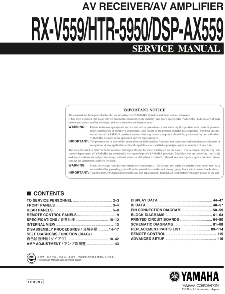 Yamaha RX-V559 HTR-5950 DSP-AX559 Service Manual Complete