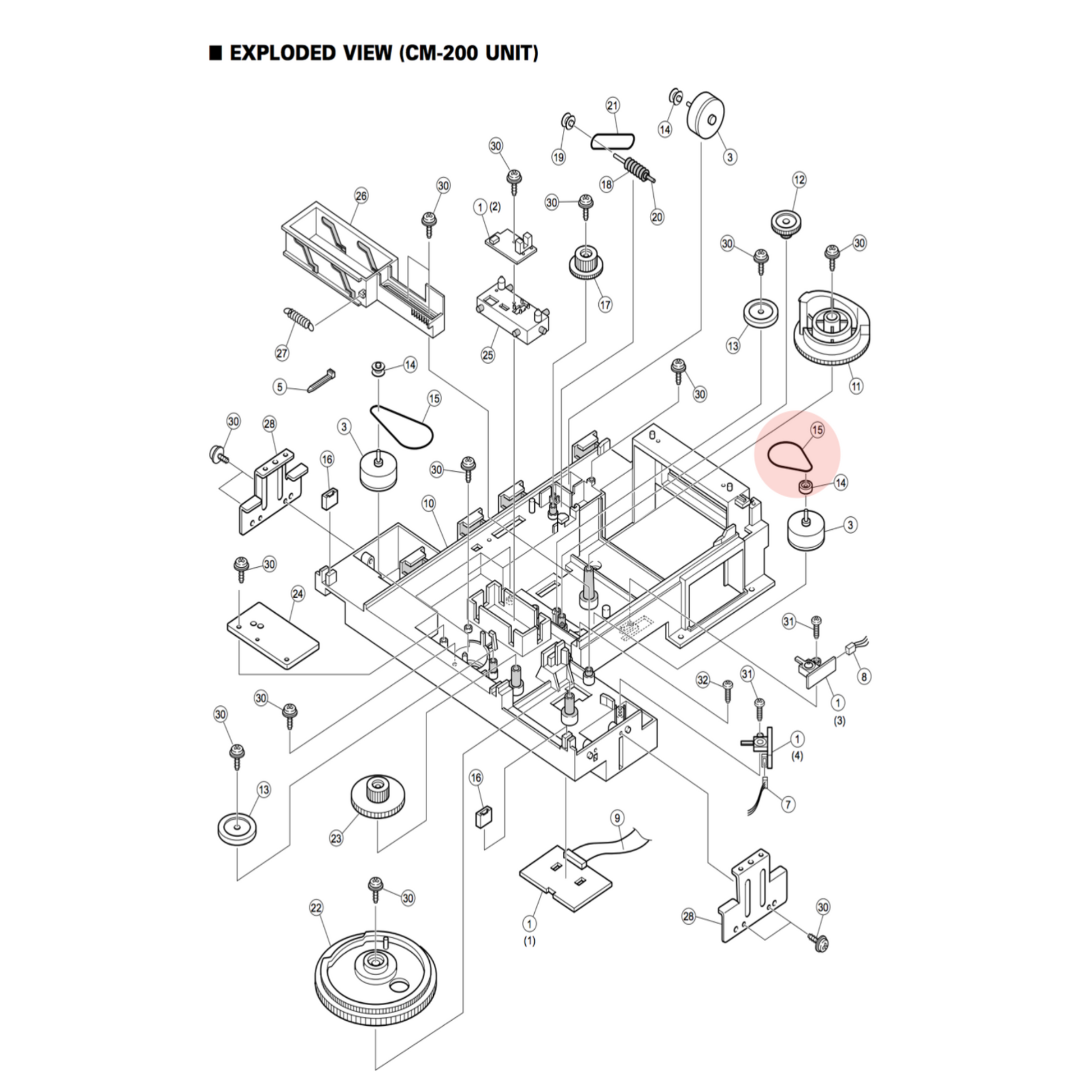 An exploded view technical schematic diagram of a CM-200 unit, showing various parts separated and labeled with numbers on a white background.
