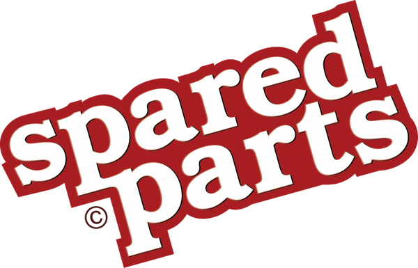 A logo featuring the words "spared parts" in a lowercase, bold, white sans-serif font. The text is slanted upward at an angle and set against a dark red background with a matching red outline that follows the silhouette of the letters. A small copyright symbol (©) is positioned below the first "p" in "spared."